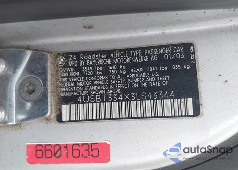 2003 BMW Z4 2.5I из США, поврежденный, VIN 4USBT334X3LS43344